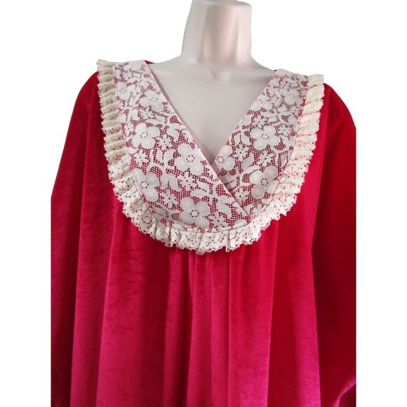 Monte Carlo Raspberry Red Velvet Lace Trim Kaftan House Dress Vintage One Size - Picture 12 of 16